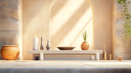 Serene Altar Illuminated by Warm Light Surrounded by Spiritual Artifacts with Expansive Space for Prayer Text