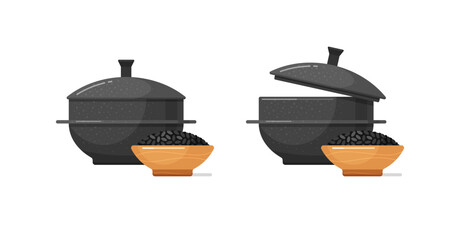 Gamasot and black rice in ceramic or wooden deep bowl. Korean pot for stew and boil hot soup and spicy sauce. Icons of asian iron cauldrons with lids. Vector cartoon isolated illustrations