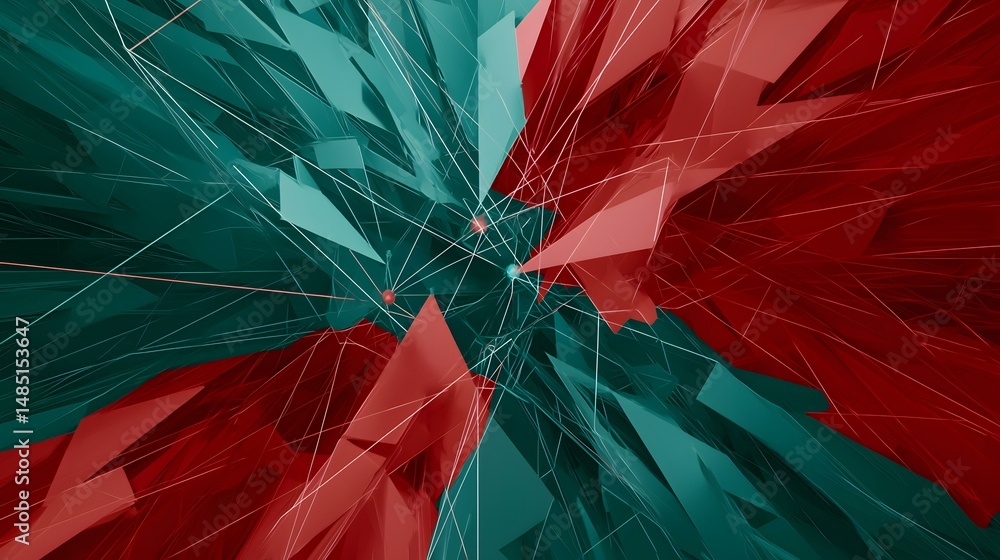 Aufkleber the image contains an abstract design of teal and red geometric shapes intersected by thin white lin