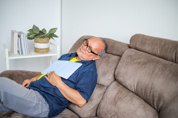Headshot Of Asian Elderly Male Sleeping On Sofa With Book