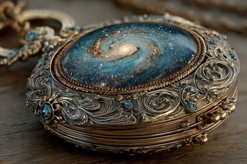 Ornate galaxy locket jewelry piece closeup