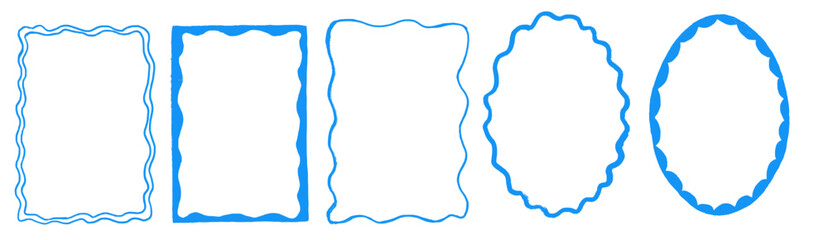 Set of blue whimsical frames. Hand drawn wavy frames for trendy invitations, cards, menu design. Doodle rectangular borders isolated on white background.