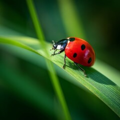 Naklejka premium bright red ladybug on a vibrant green blade of grass, with dew drops glistening in the morning light