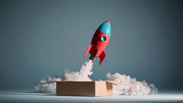 Toy rocket launch emerging from box with dynamic smoke trail in playful imagination scene