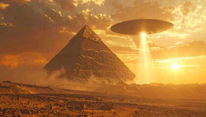 A UFO hovers over an ancient pyramid in the desert at sunset, suggesting alien origins of ancient civilizations and speculative alternate history