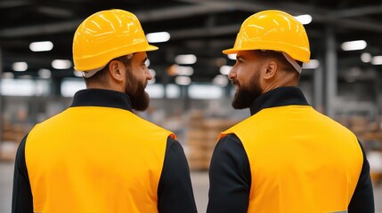 Two confident construction workers in bright safety gear standing back to back in a modern warehouse showcasing teamwork and collaboration in a dynamic industrial environment