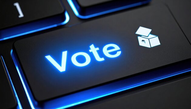 Close-up of a glowing vote button on a keyboard symbolizing digital democracy and online elections