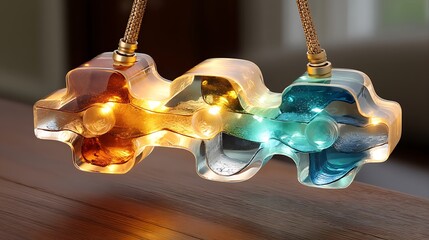A light fixture that has three colorful, glass sections is suspended from the ceiling by braided cords. The cords attach to the fixture with metallic fixtures
