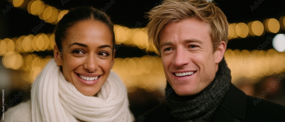 Poster young couple with warm smiles captured in an enchanting evening setting illuminated by twinkling lig