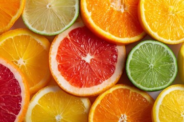 Obraz premium citrus fruit slices, showcasing their juicy interiors and vibrant colors, with droplets of water for added freshness