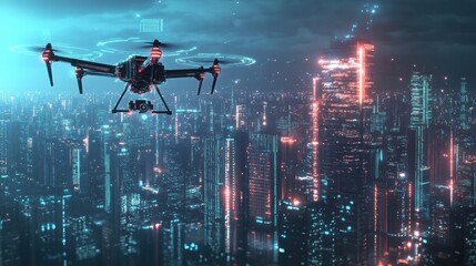 AI-Powered Drone Scanning Futuristic City Skyline.