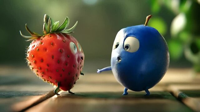 Cartoon fruits with exaggerated expressions.