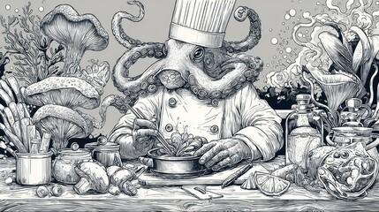 Intricate illustration of an octopus chef preparing a meal.