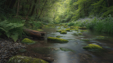 Obraz premium Tranquil stream flowing through a lush green forest with mossy rocks