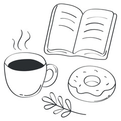 Vector line illustration of cozy morning scene with cup of coffee, open book, donut. Perfect for themes related to self care, reading time, slow mornings or coffee breaks