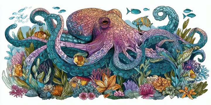 Vibrant underwater octopus illustration amongst coral and fish.