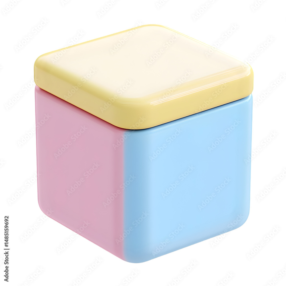 Poster small, pastel-colored, square container with a matching lid. the container features a light yellow t