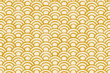 Hand drawn Japanese wave pattern background in gold color, Beautiful Japanese pattern wallpaper, Seamless vector material/手描きの青海波の背景、かわいい日本の和柄模様、金色