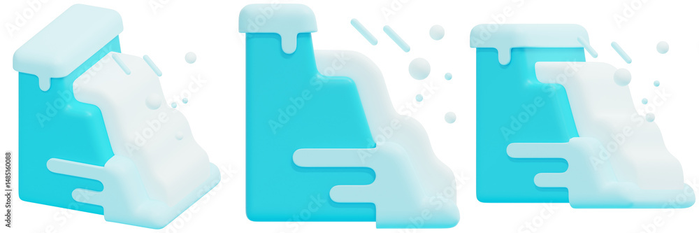 Poster set of abstract melting ice cubes with snow effect 3d render icon illustration