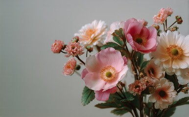 Fototapeta premium Beautiful Bouquet of Pastel Dahlias and Wildflowers Arranged Against a Textured Wall