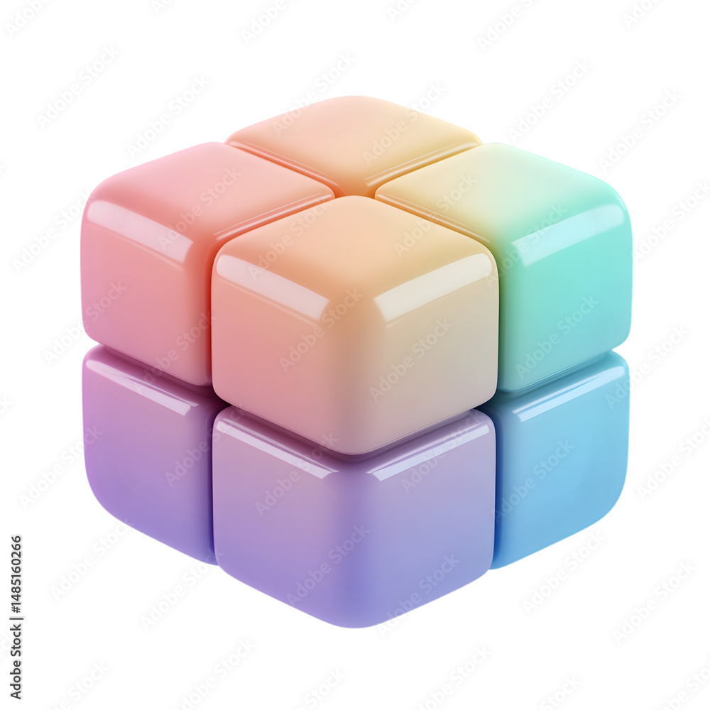 Poster vibrant, multicolored cube is formed from smaller, glossy blocks. the design shows a gradient of pas