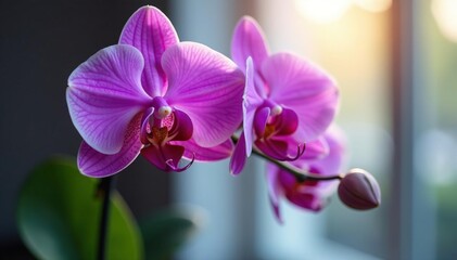 Elegant purple orchid arrangement, soft lighting , purple, orchid bloom, magenta