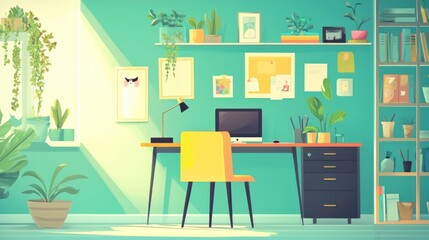 Sunny Home Office with Plants and Bookshelves