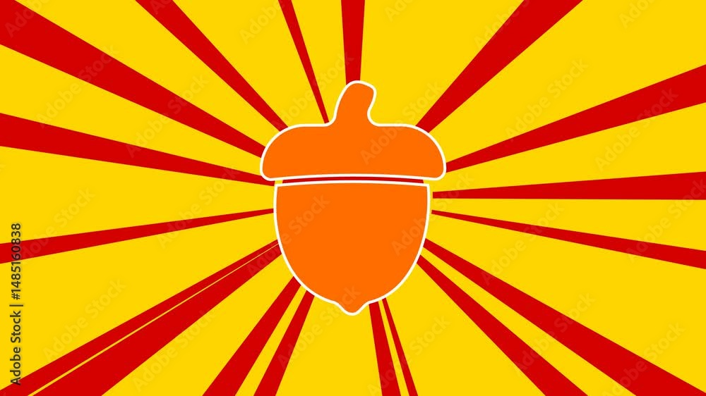 Poster acorn symbol on the background of animation from moving rays of the sun. large orange symbol increas