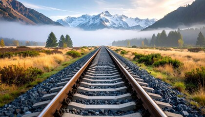 Fototapeta premium Custom AI Model A railway track stretches towards snowcovered mountains, partially veiled in morning mist. Golden grass flanks the rails, creating a tranquil, scenic vista.
