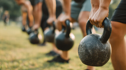 Kettlebell workout in outdoor bootcamp setting, showcasing group of individuals engaged in fitness training. scene captures determination and energy of participants as they lift kettlebells