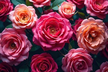 Intricate blooming roses, densely packed, vibrant hues, romantic, decorative