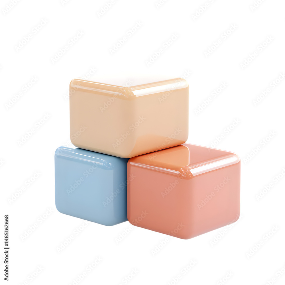 Poster stylized digital rendering of three pastel-colored cubic shapes stacked on top of each other. the cu