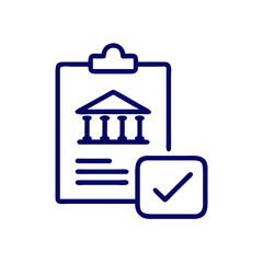 Government approval icon with clipboard and courthouse for legal forms, administrative websites, tax files and compliance visuals

