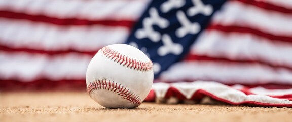 white baseball is set against a waving American flag.