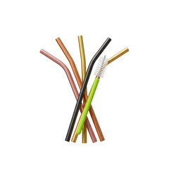 Colorful metal straws and cleaning brush on transparent background