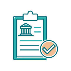 Bank document approval icon with clipboard and checkmark for legal agreements, finance apps, loan requests and government paperwork

