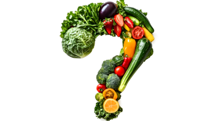 Question mark made by vegetables and fruits isolated on a white background