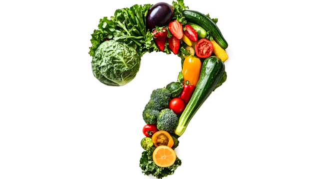 Question mark made by vegetables and fruits isolated on a white background