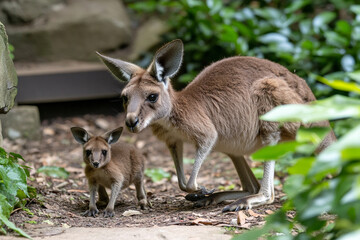 Fototapeta premium Kangaroo and its joey exploring a lush, green environment in the wild with youthful curiosity and charm