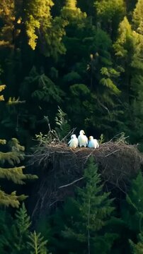 Young eaglets developing in their large nest atop tall pine forest. The camera gradually reveals the baby birds becoming more visible as their protective parent stands guard over the growing chicks.