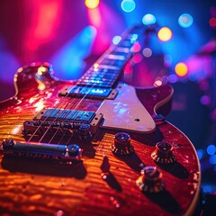 Obraz premium Electric guitar close-up with vibrant stage lights and bokeh effect