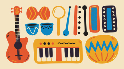Obraz premium Illustration of various musical instruments including a guitar keyboard and percussion instruments