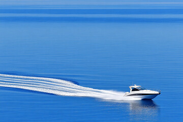 Obraz premium Moving boat creates dynamic water trails in bright blue waters under a clear sky