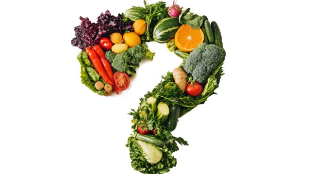 Question mark made by vegetables and fruits isolated on a white background
