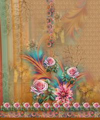 abstract background with flowers. digital dress soft tones and golden texture. suit design 3 pic