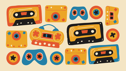 Illustration of retro entertainment devices including cassettes, boombox, and game controllers artfully arranged