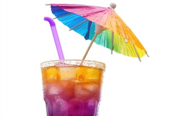 Colorful summer drink in glass, garnished with a rainbow umbrella and a straw