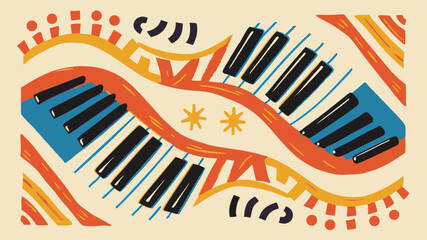 Abstract piano keys with orange waves and yellow star shapes on a beige background artistic design