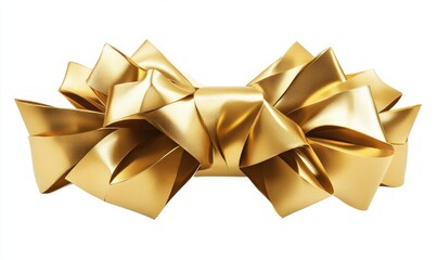 Golden Metallic Ribbon Bow on White Background
