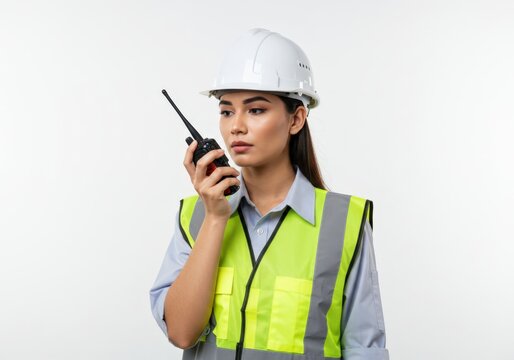 a woman in a hard hat and safety vest talking on a cell phone